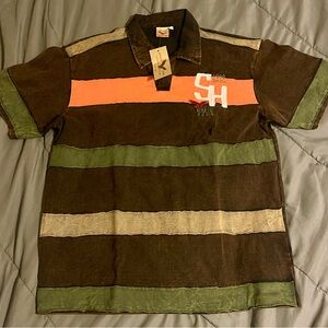 Vintage 90’s State Hawk Outfitters Brown and Green Striped Men's Polo Shirt